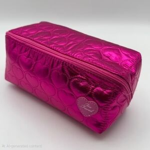 Too Faced Makeup Bag Pink Quilted Metallic Heart Embroidered Satin Zippered